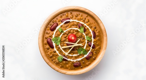Top View Spicy Indian Lentil Curry Bowl with Garnish.