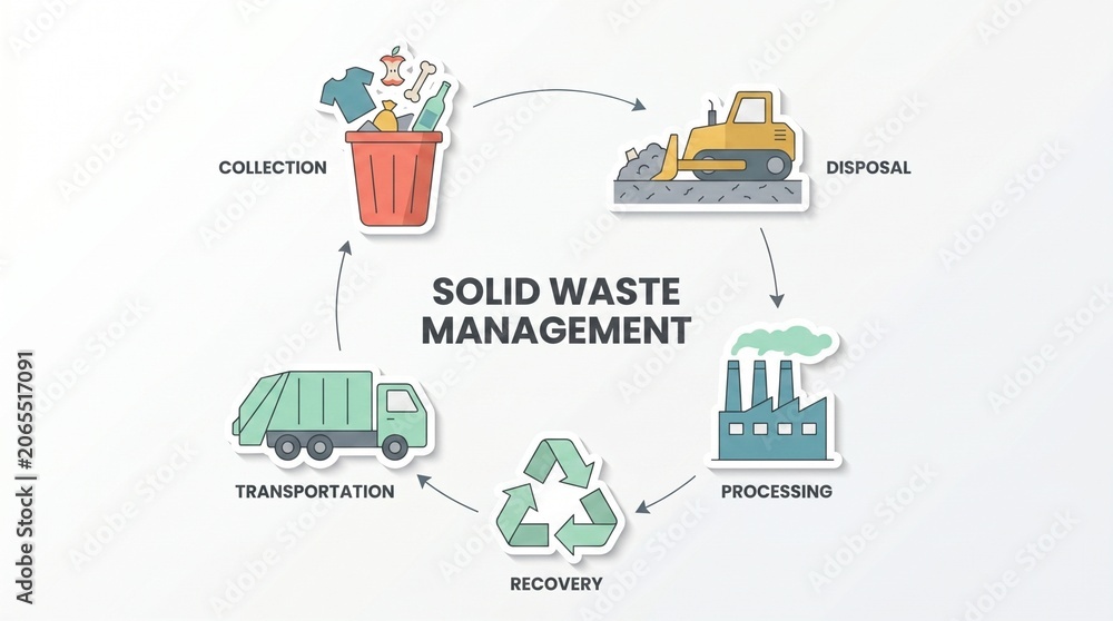 Fototapeta premium Solid waste management process diagram illustrating collection disposal and recycling steps with management recycling disposal environment sustainability collection strategy