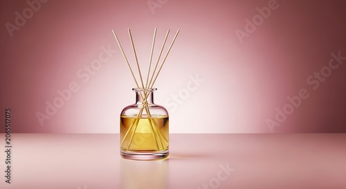 Minimalist vase with single branch on pink background.