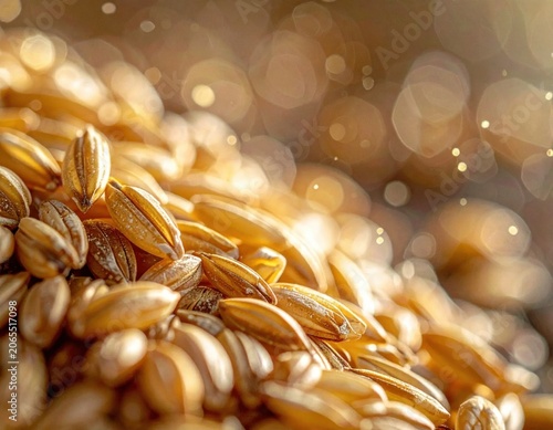 Macro closeup of golden wheat grains with warm bokeh lighting, texture for agriculture and food industry background