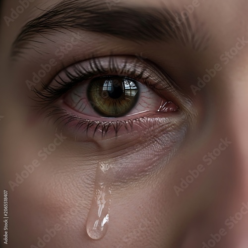 Closeup of Sad Crying Human Eye with Single Tear.