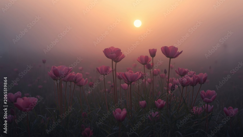 Obraz premium Tranquil dusk atmosphere with pink Asian buttercup flowers in light fog
