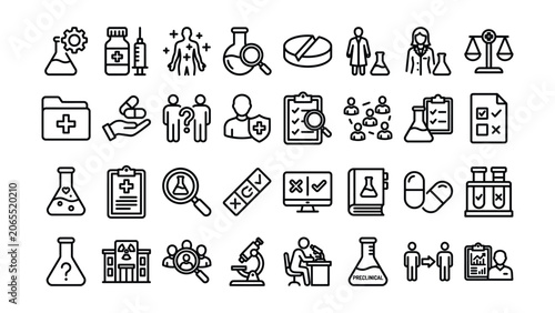 Medical and healthcare line icons set including laboratory equipment and people  various health related symbols
