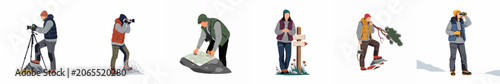 Set of flat vector characters engaged in outdoor activities like hiking, landscape photography, navigation, and exploration in winter or autumn gear.