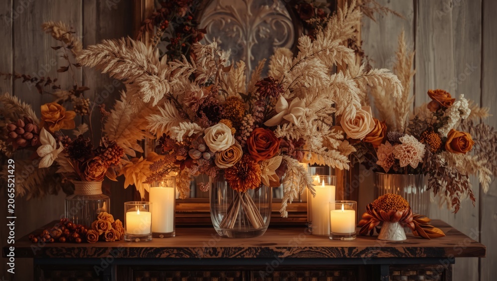 Fototapeta premium Inviting interior design using dried floral displays and warm candlelight