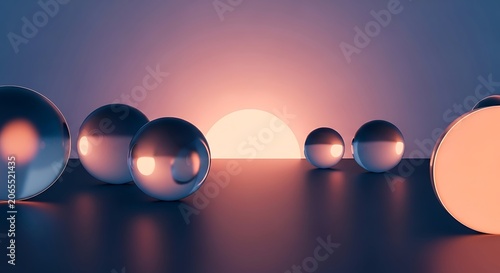 Reflective spheres showing sunset light