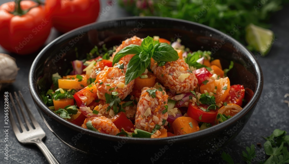 Fototapeta premium Colorful vegetable salad with herbs in a black bowl