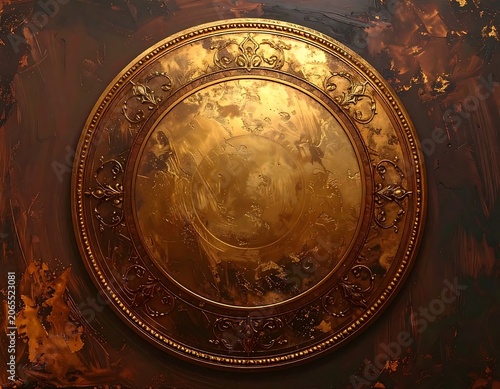 Ornate Golden Circular Medallion Displayed on Dark Textured Background