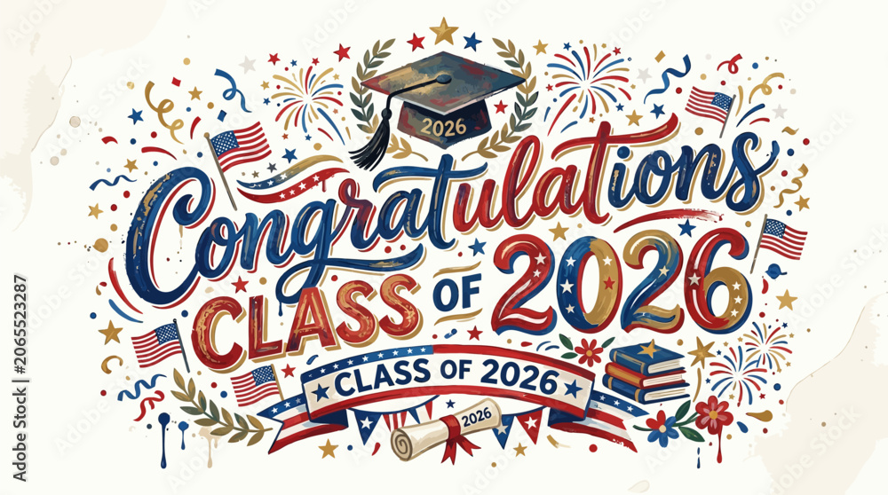 Fototapeta premium Celebratory graduation banner design featuring class of 2026 with fireworks flags and academic symbols for milestone achievements