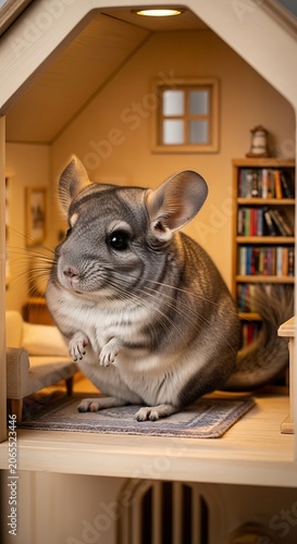 Cute Chinchilla in Miniature Dollhouse Interior Scene.