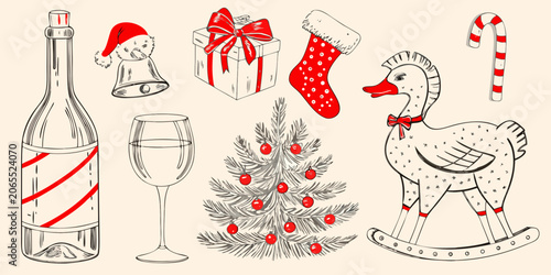 Fotografie Holiday Elements Collection Hand drawn Vector Illustration With Red Accents