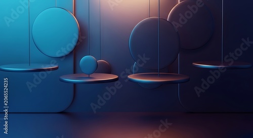 Modern round lamps on minimalist shelves in futuristic room