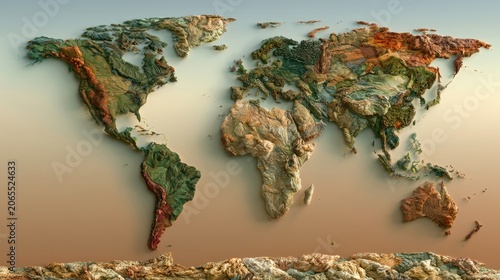 Topographical 3D world map with textured continents and earth-toned palette