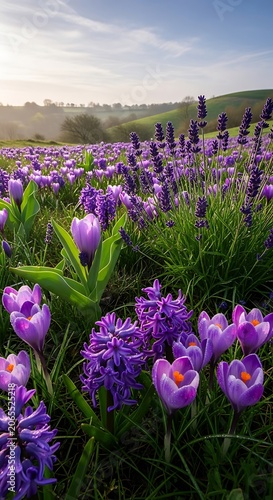 Vibrant Purple Flowers Blooming in Morning Sunlight Over Rolling Hills.