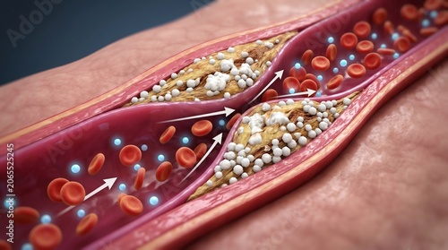 Atherosclerosis and cardiovascular health, medical illustration of plaque buildup inside a human artery with restricted blood flow, circulatory system disease
