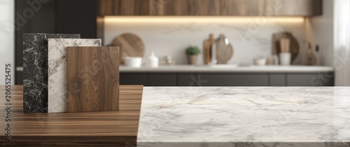 Sample materials for kitchen countertops on a wooden table
