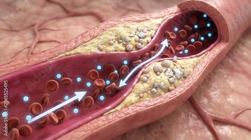 Atherosclerosis and cardiovascular disease, medical illustration of plaque buildup inside a human artery with restricted blood flow, health and circulatory system concept