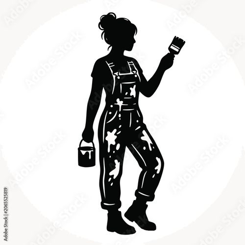 Female painter holding brush and bucket in stained overalls. House remodeling and decoration concept. Black and white vector illustration isolated on transparent background