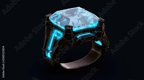 Futuristic ring with large glowing blue gem and intricate metallic band