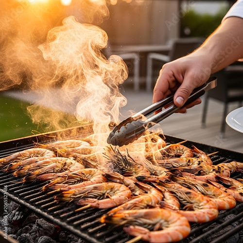 Grilled Shrimp Cooking on Outdoor Barbecue with Smoke.