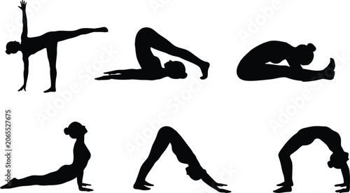 Foto Black silhouettes of people doing various yoga poses