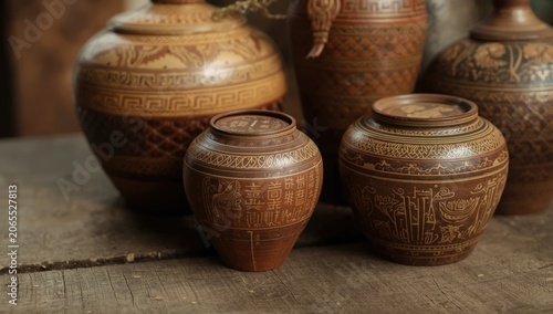 Selection of vintage Thai pottery jars with sophisticated decorations resting on textured wooden surface