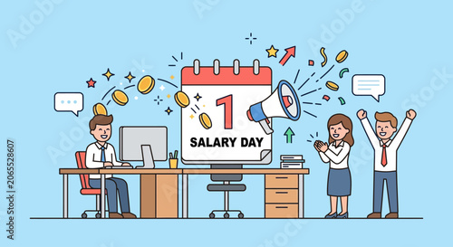 Happy Salary Day Employees Celebrate Receiving Paycheck with Coins Calendar and Megaphone in Modern Office