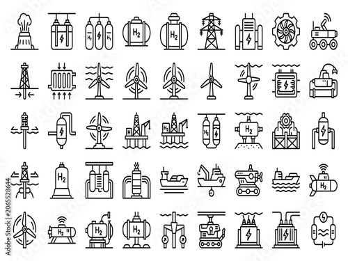 Tableau sur toile Minimalist Black and White Vector Line Art Icon Set Featuring Deep Sea Hydrogen