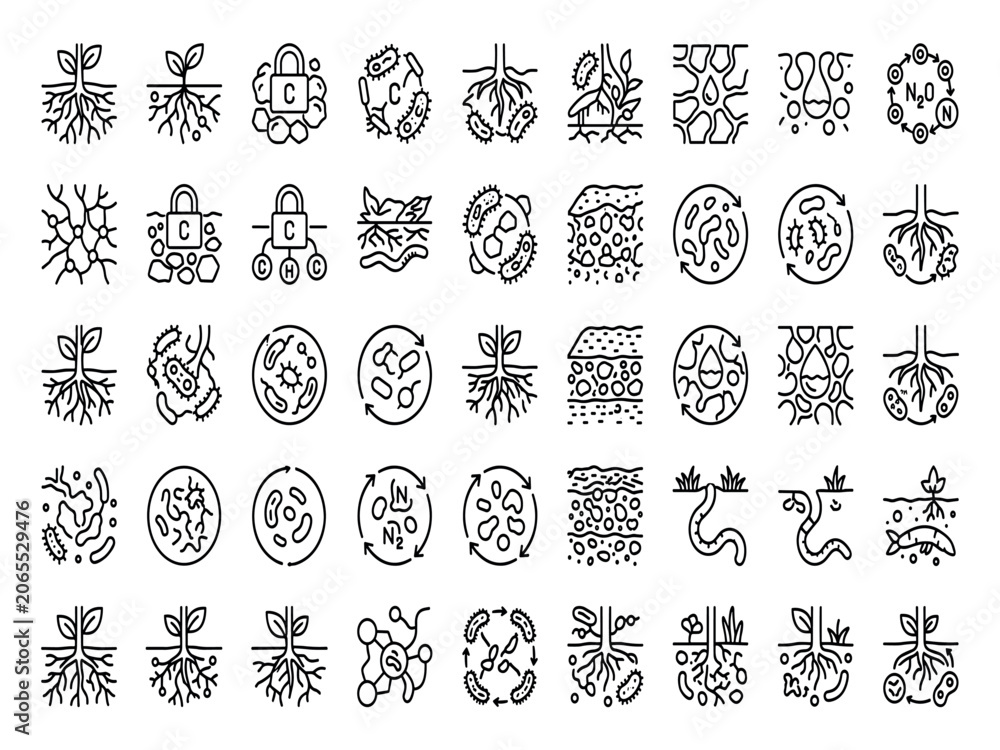 Obraz premium Minimalist Black and White Vector Line Art Icon Set Featuring Regenerative Topsoil Networks and Soil Microbiome Analytics Symbols
