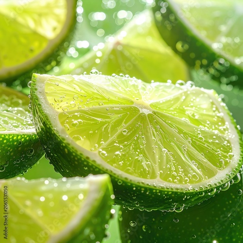 Fresh lime slices submerged in sparkling water with effervescent bubbles, citrus refreshment, summer hydration, zesty detox, drink background