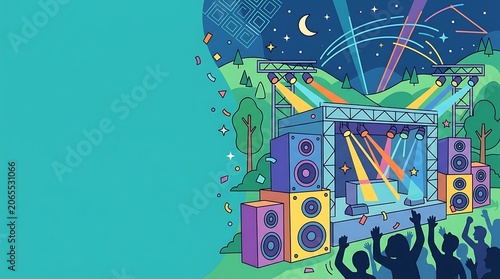 Energetic music festival stage under the night sky with crowd