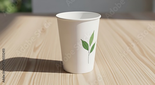 White ceramic mug with green plant on wooden table.