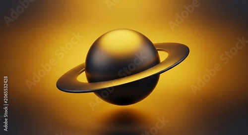 Golden glowing planet with ring in space