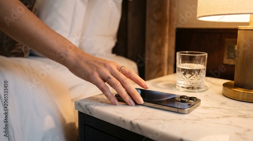 Female hand reaching for smartphone on bedside table.