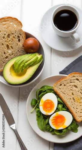 Healthy Breakfast with Avocado Eggs and Coffee on Table.