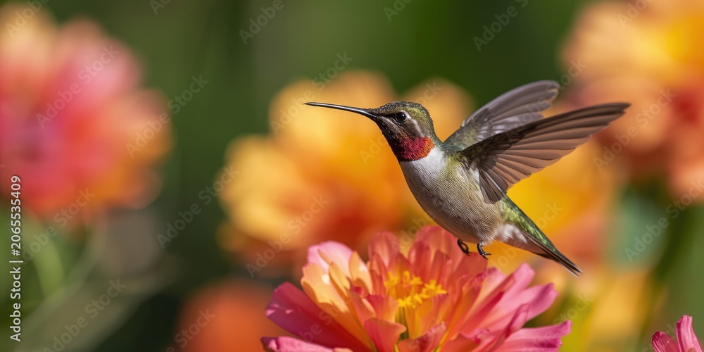 Obraz premium Hummingbird hovering over colorful flowers in a garden