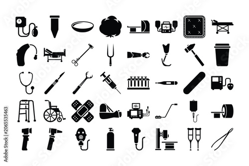 Medical Equipment and Healthcare Silhouette Icons Set Collection