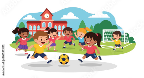 Obraz na plátně Children Playing Soccer Together Outdoors.