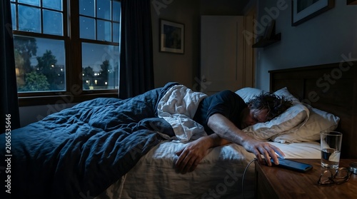 Man Sleeping in Bed Reaching for Smartphone at Night.