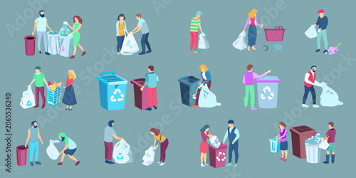 Tablou pe pânză Recycling Practices Illustration People Disposing Of Waste In Bins
