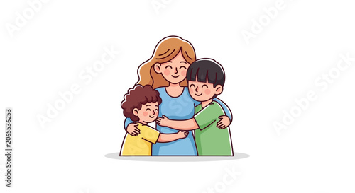 Photos Woman Hugging Two Children Together.