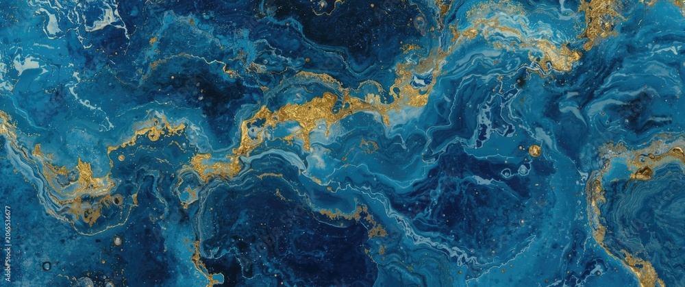 Fototapeta premium High detail closeup of a marble landscape painting in electric blue and gold with flowing water and wave effects