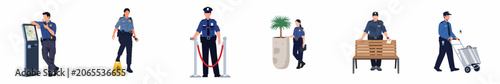 Set of security guard characters in different professional situations and poses, flat vector illustration isolated on white background