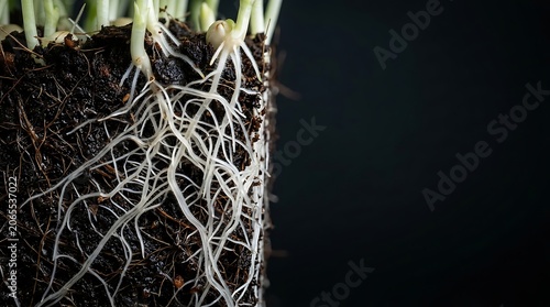 White plant roots growing through dark fertile soil