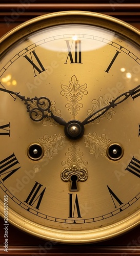 Vintage Brass Clock Face with Ornate Roman Numerals Closeup.