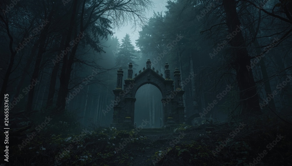 Obraz premium Toon inspired dark forest with an ancient archway and mist creating a magical background