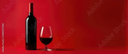 Red wine bottle and glass on a red background