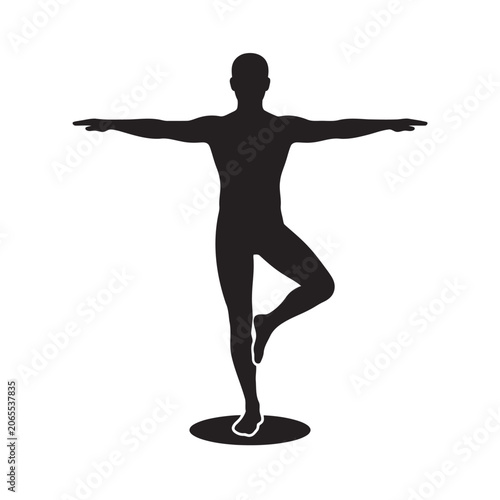 Black silhouette of a man balancing on one leg with outstretched arms