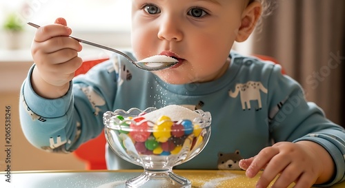 Toddler enjoying colorful birthday cupcake treat.