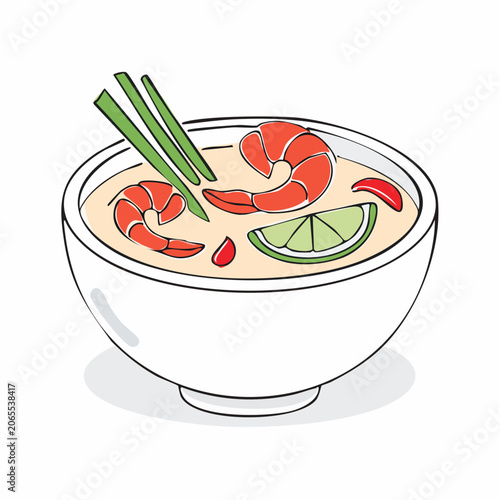 Illustration of Tom Yum Goong soup with shrimp and lime
